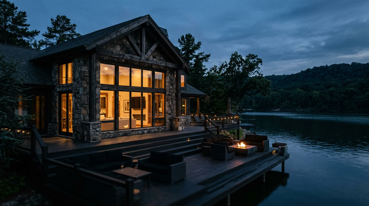 Luxury home at twilight representing Restrepo Innovations smart home work in Rogers, AR