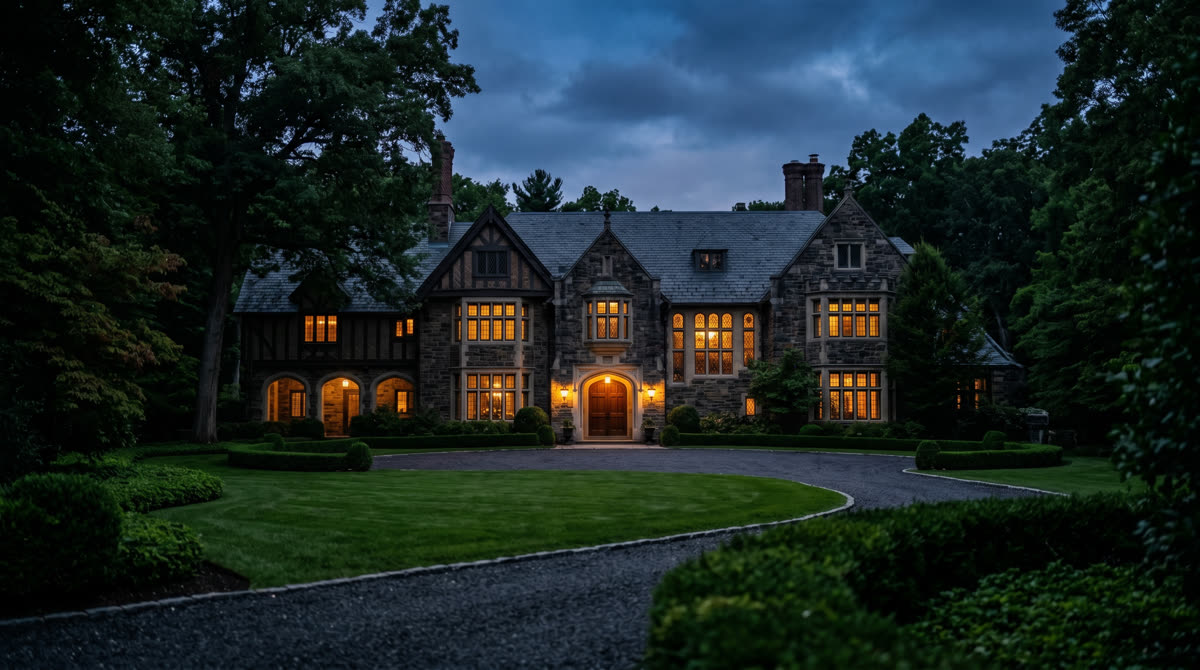 Grand suburban estate at dusk representing Restrepo Innovations smart home integration work in Tenafly, NJ by Restrepo Innovations, Elite Pro Crestron Dealer serving NJ, NY, and CT