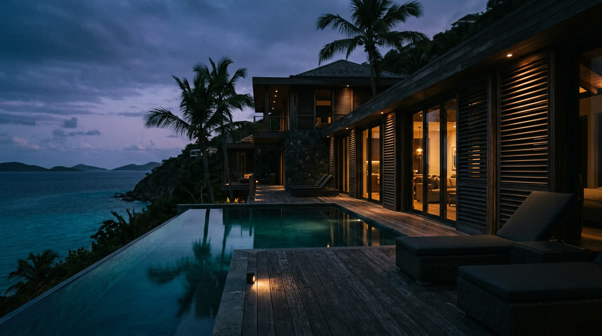 Luxury home at twilight representing Restrepo Innovations smart home work in U.S. Virgin Islands