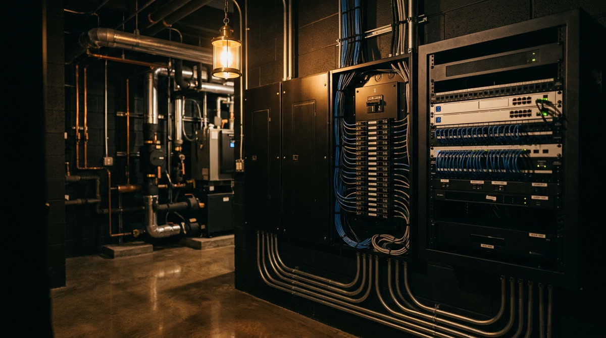 Bergen County residential electrical panel with dedicated AV circuits and sub-panel wiring, representing the Restrepo Innovations and Elite Electric licensed electrical contractor partnership