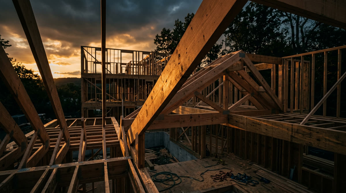 Bergen County custom home under construction with framed walls open for low-voltage and structured wiring rough-in, representing the Restrepo Innovations and Prominent Builders partnership