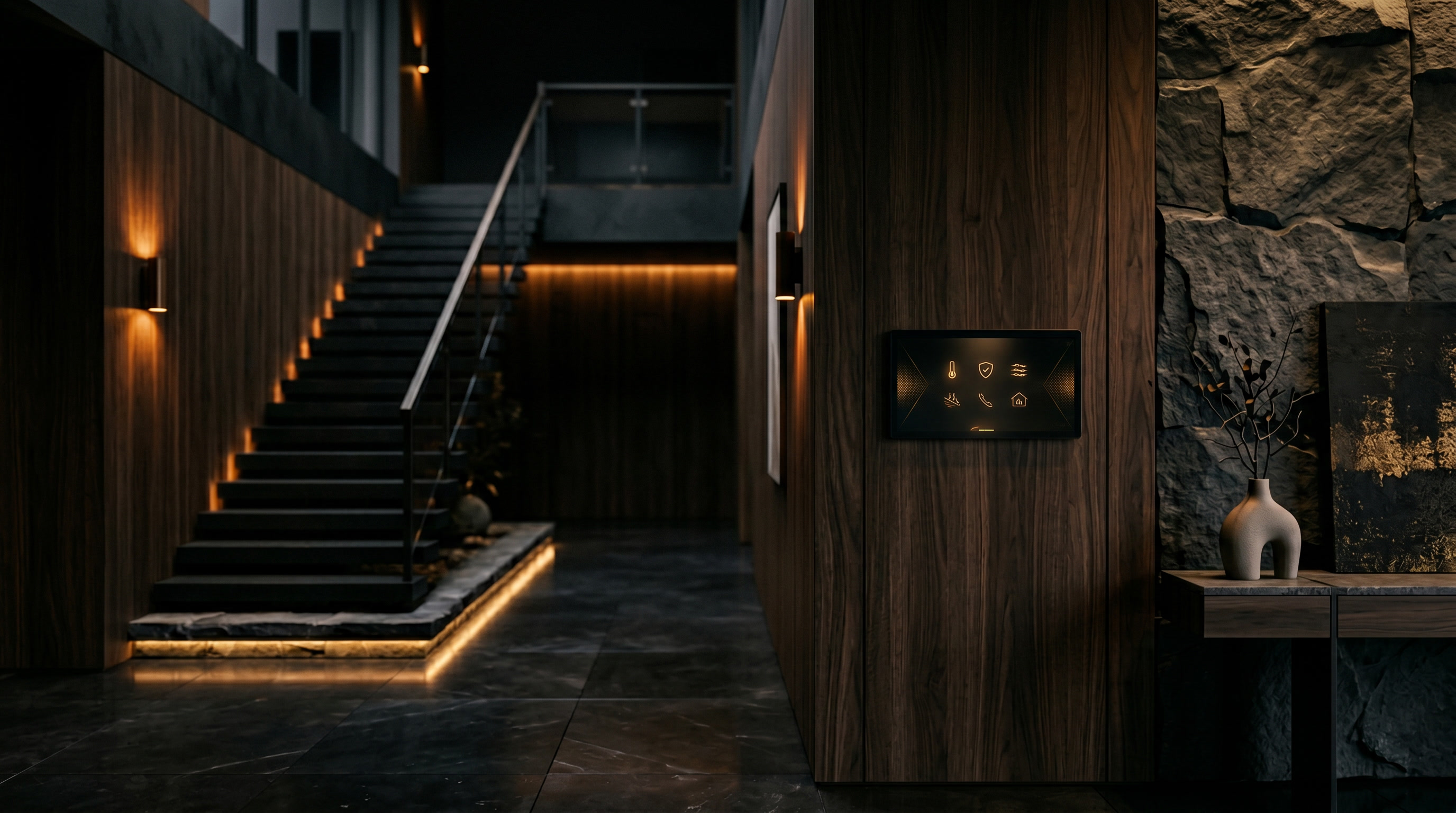 Luxury home foyer with smart-home control panel