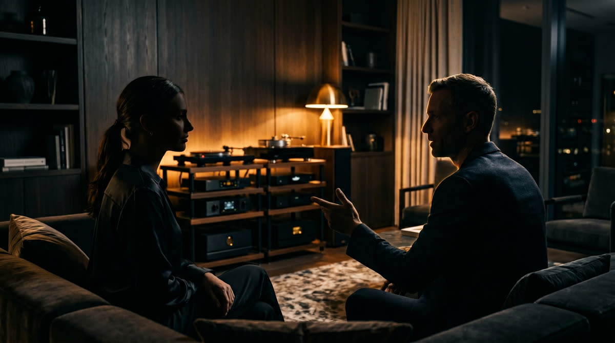 Two professionals in profile having a calm conversation in a luxury living room with a visible equipment rack and warm amber accent lighting