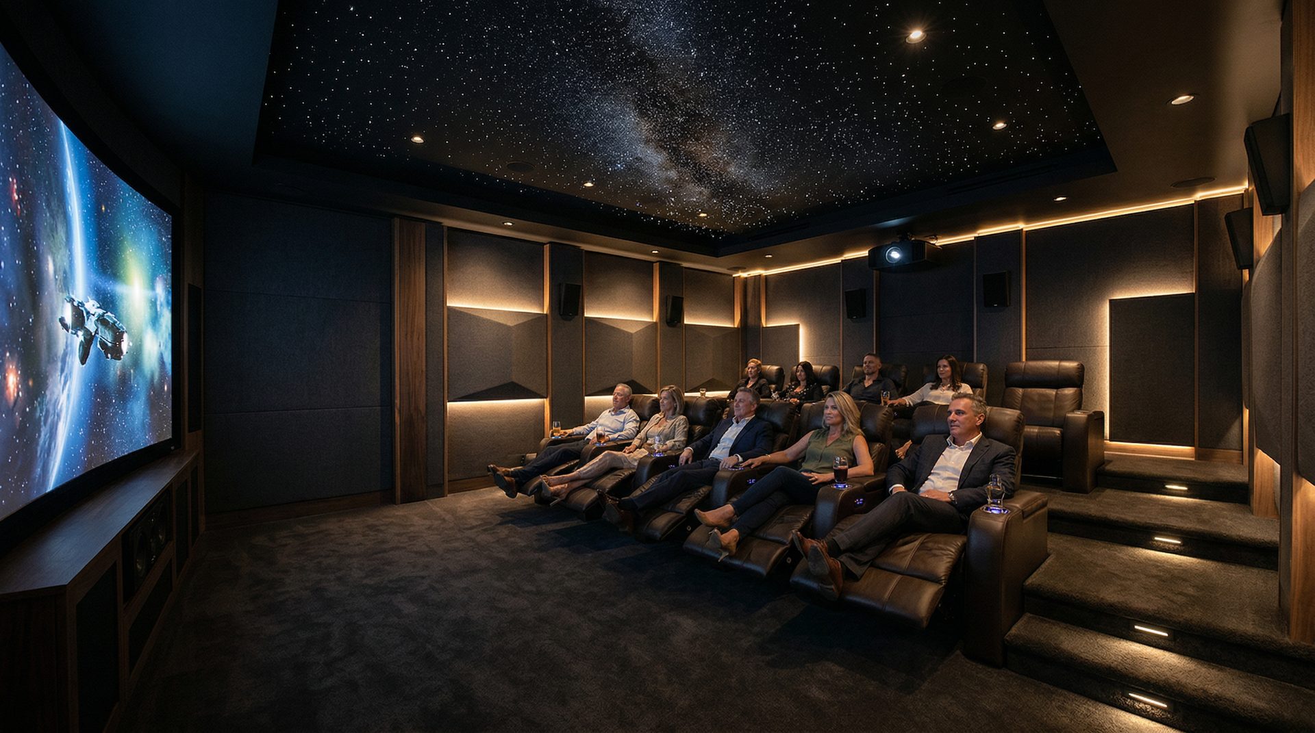Luxury private home theater by Restrepo Innovations, dedicated cinema room design and installation in NJ, NY, and CT