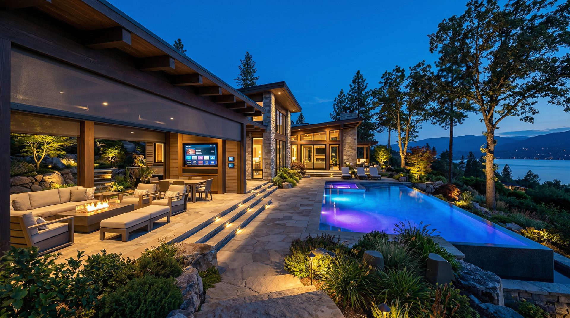 Luxury outdoor entertainment by Restrepo Innovations, weatherproof distributed audio video and landscape lighting