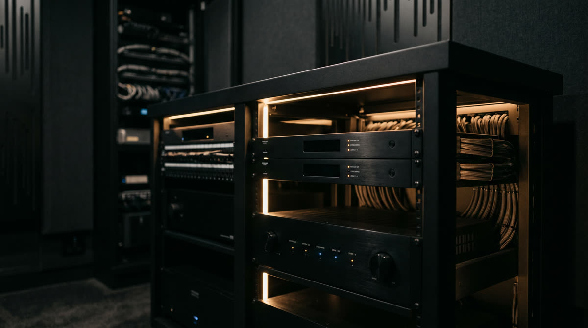 Pro AV equipment rack with rackmount streaming server