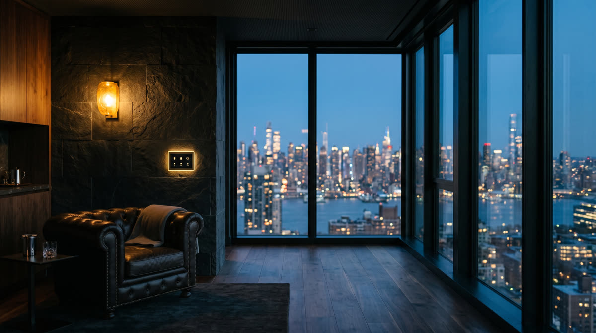 Private screening lounge on a high-rise amenity floor with leather club seating, warm amber sconce, and floor-to-ceiling glass overlooking a city skyline at dusk
