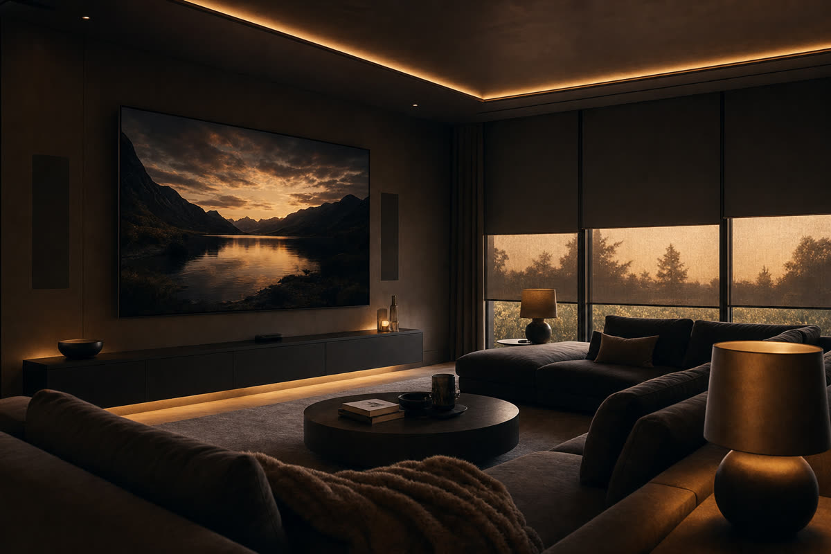 Open great room with a large-format wall-mounted display, in-wall speakers behind fabric panels, motorized shades, and Lutron lighting at a warm conversation level