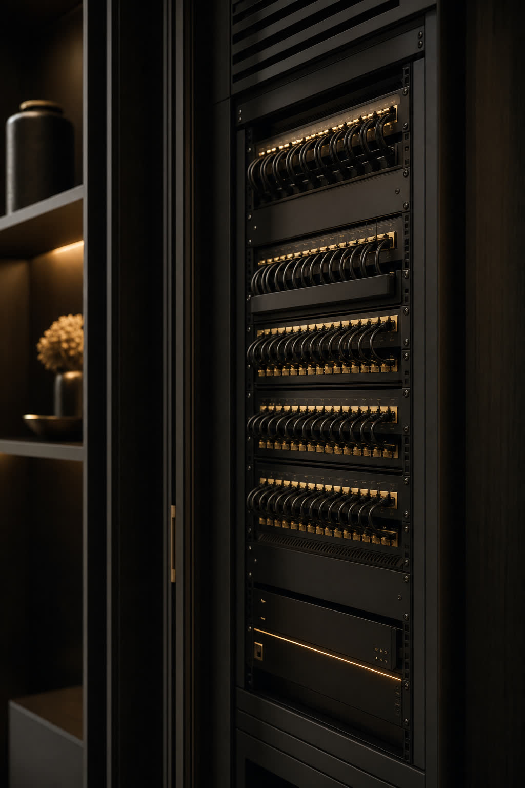 Organized network rack with Ubiquiti UniFi switches, patch panels, and labeled fiber runs