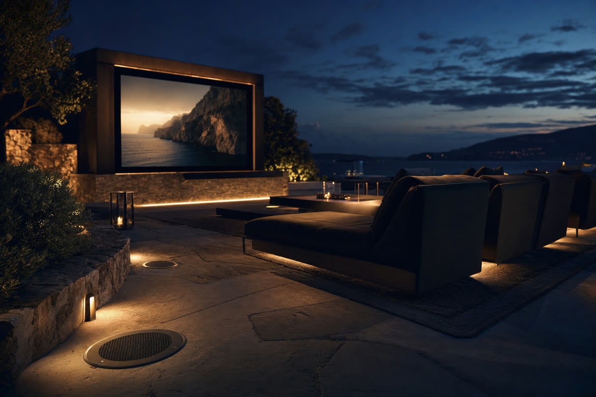 Luxury backyard outdoor theater with large projection screen, pergola, and landscape lighting at dusk