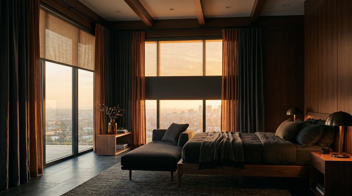 Luxury primary suite at golden hour with motorized dual roller shades half-deployed, sheer fabric diffusing warm light, linen drapery panels framing floor-to-ceiling windows