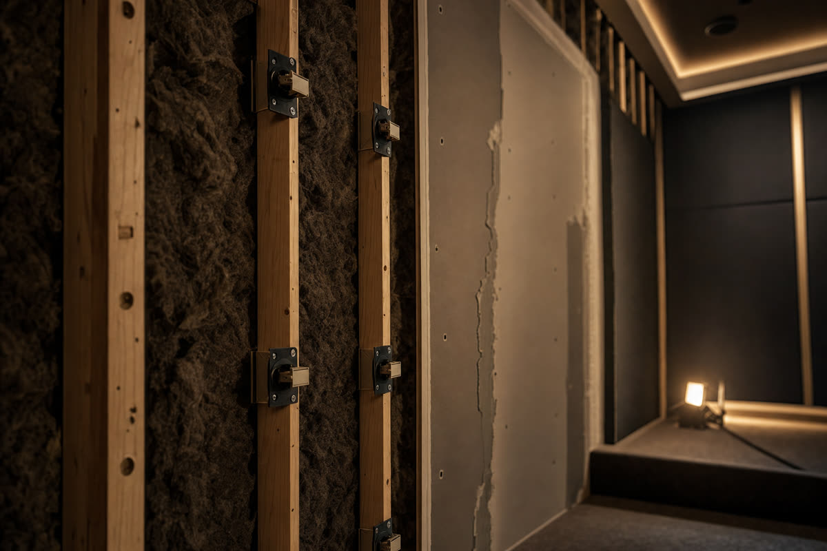 Double-stud wall framing and acoustic isolation construction for a dedicated home theater in a luxury residence