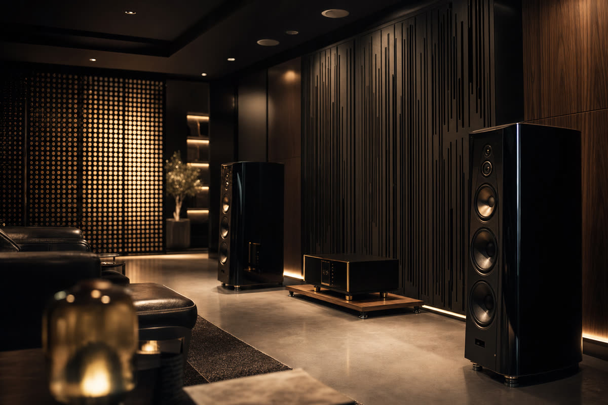 High-end home theater with in-wall speaker grilles, acoustic fabric panels, and overhead Atmos height channels in a dark controlled room