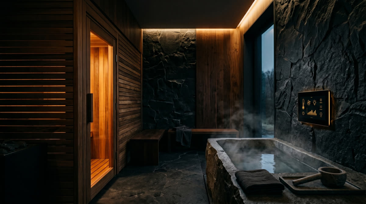 Cedar sauna and stone cold-plunge basin in a private wellness suite at dawn, lit by a discreet warm sconce and circadian cove