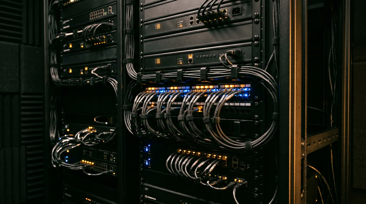 Equipment rack detail with neat cable management and glowing amber and blue status LEDs in a dark closet