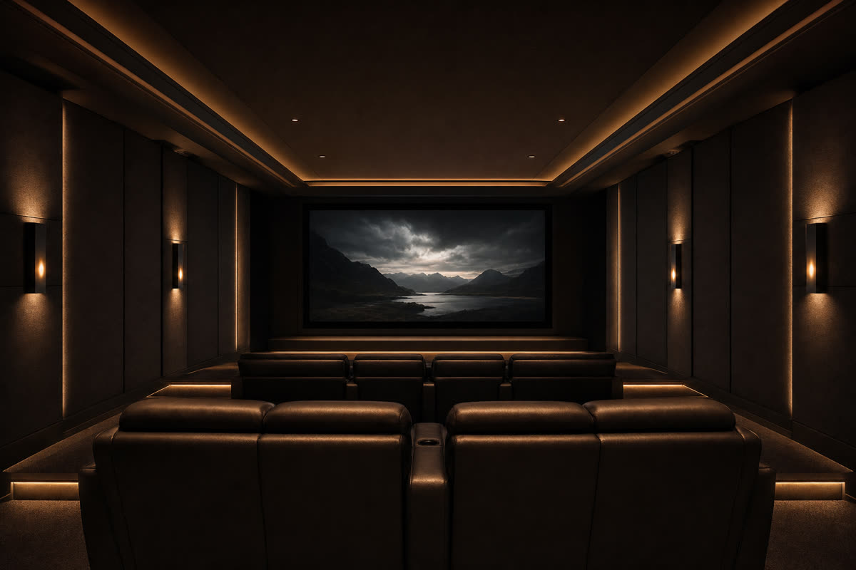 Media room with large-format OLED display mounted flush in a built-in, Sonance in-wall speakers behind fabric panels, and Lutron keypads on the side wall
