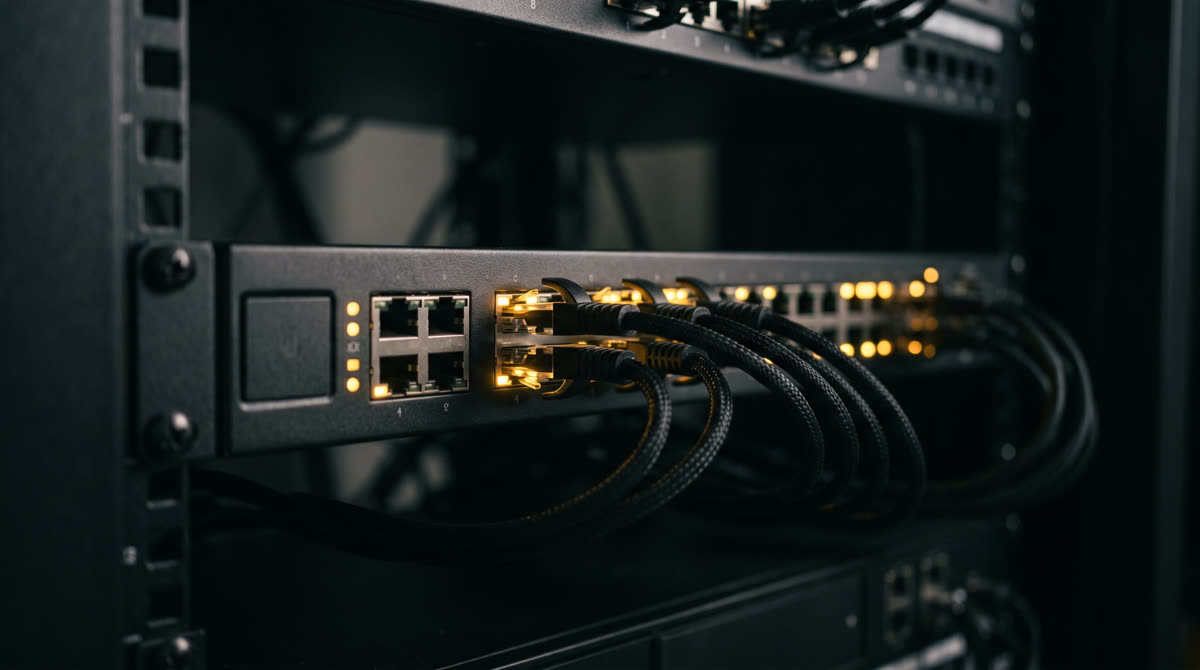 Close-up of a UniFi network switch with glowing port LEDs in a dark equipment rack