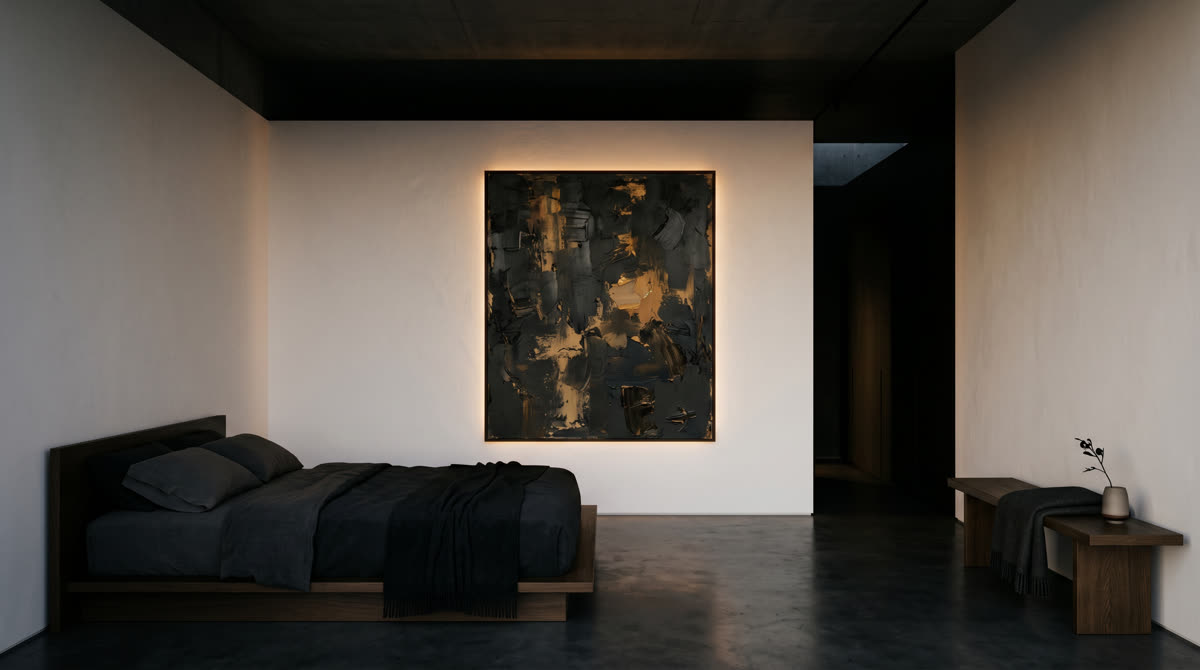 Ultra-minimalist primary bedroom with an unbroken white plaster wall and a large abstract painting -- invisible audio without visible hardware