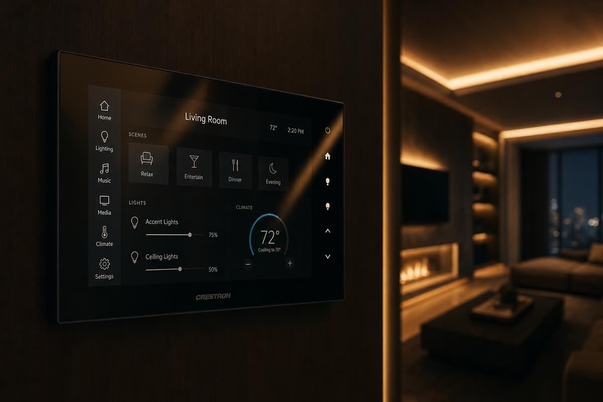 Crestron Home touchpanel mounted on dark walnut wall with warm amber accent lighting in a luxury residence